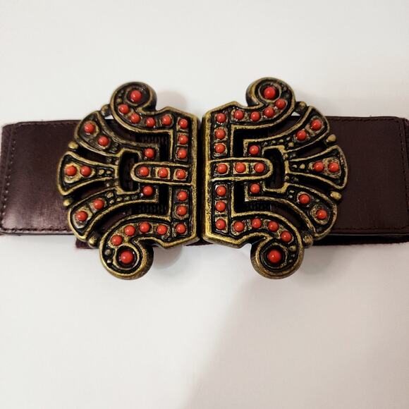 vintage Another line belt Sz L leather tab cotton elastic brown A41